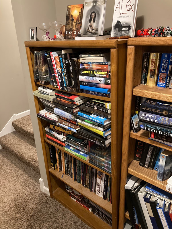 An overloaded bookcase bearing books shoved every which way. Prominent authors include James S. A. Corey, Kim Stanley Robinson, and Stephen R. Donaldson. Titles include The Sparrow, Kindred, Soonish, The Once and Future King, Devolution, and A Storm of Swords.